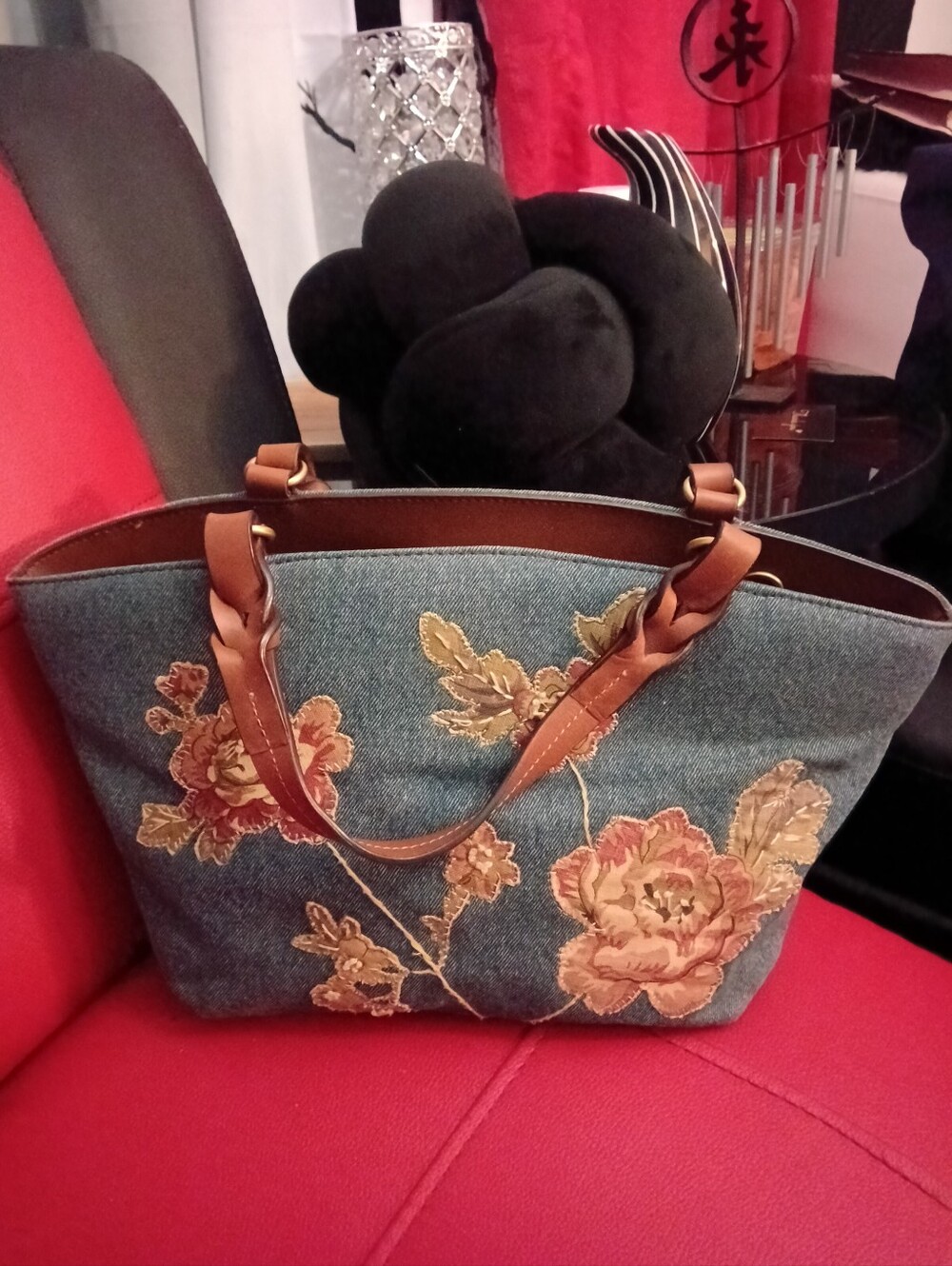 #F4 Fossil Y2K Vtg Denim Embroidered Tote